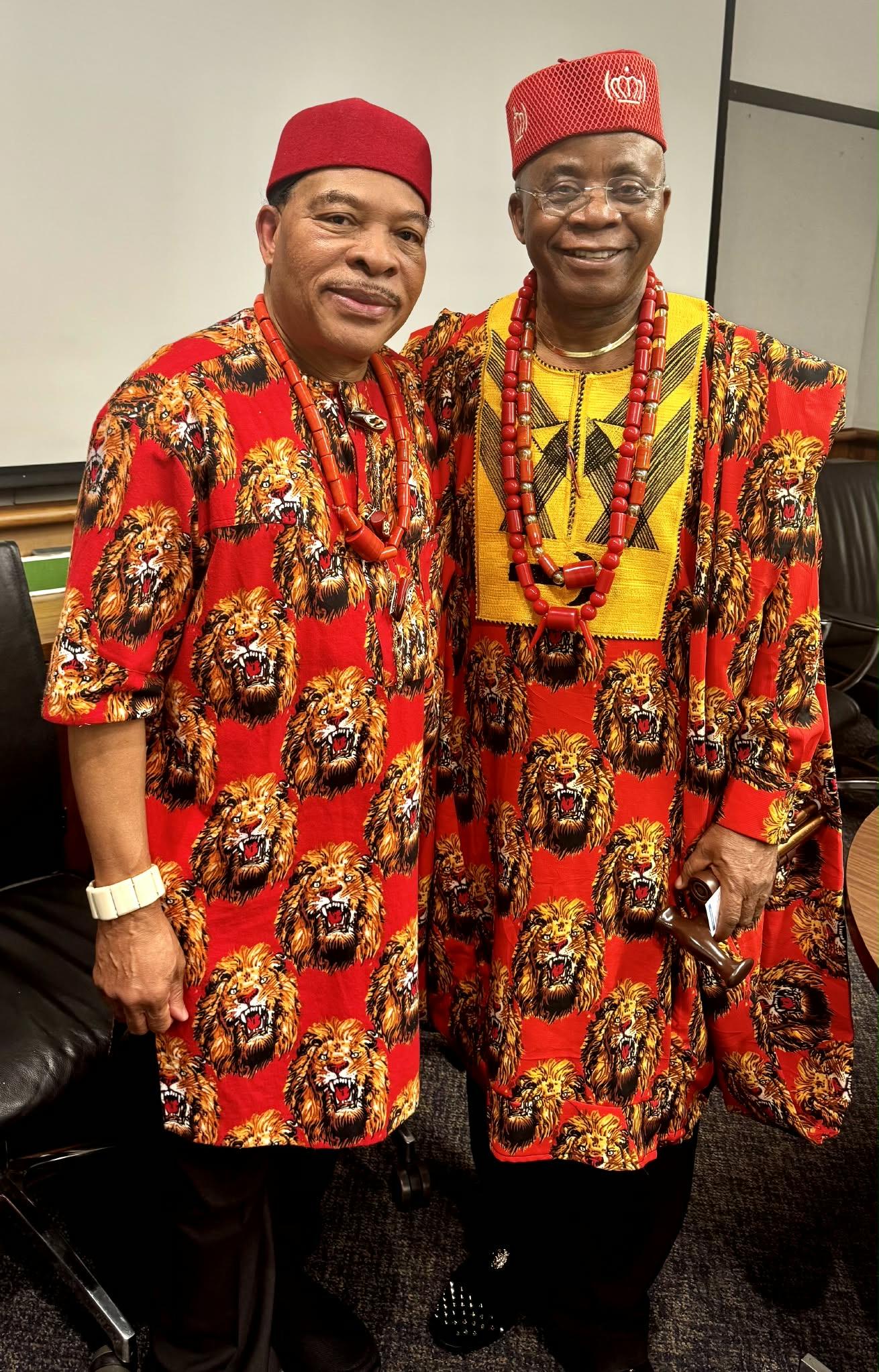 Close view of richly patterned Igbo outfits and coral beads